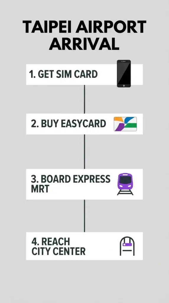 A minimalist flat vector infographic checklist detailing the 4 sequential steps to get from Taoyuan International Airport to central Taipei, including SIM Card collection, EasyCard purchase, boarding the Express MRT, and arriving at Taipei Main Station.