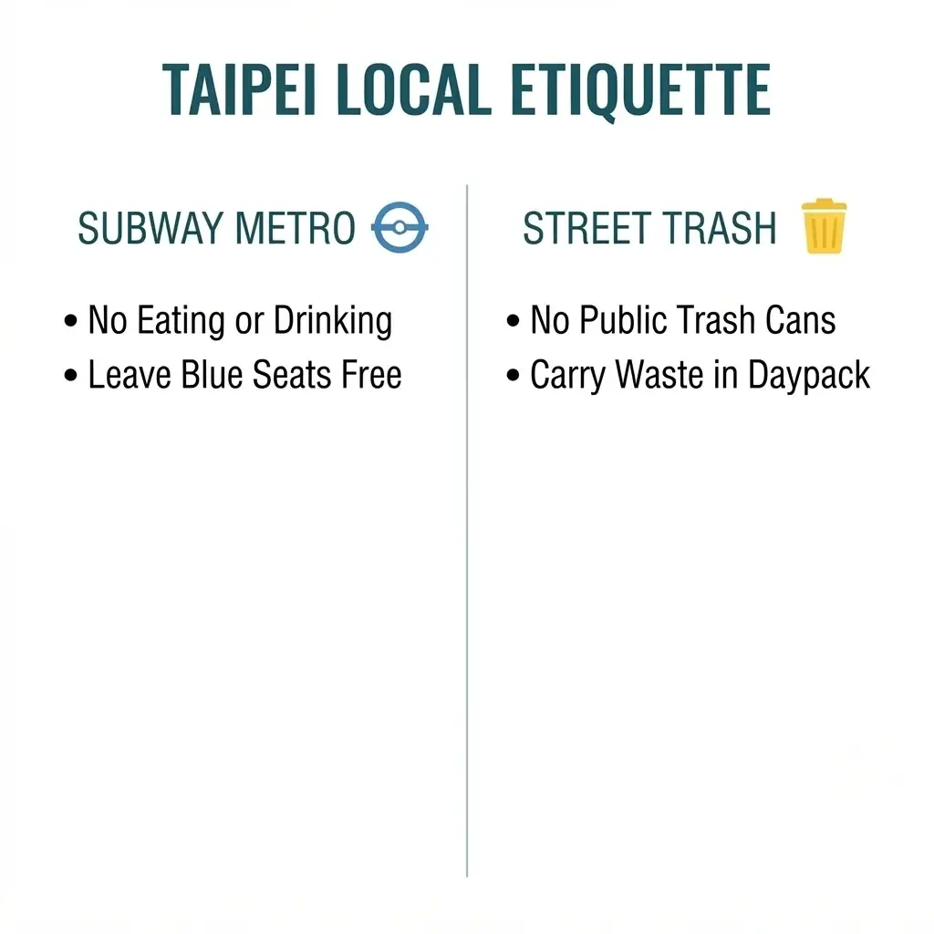 A flat minimalist vector 1:1 ratio infographic table comparing essential Taipei subway etiquette rules alongside city street trash culture guidelines.