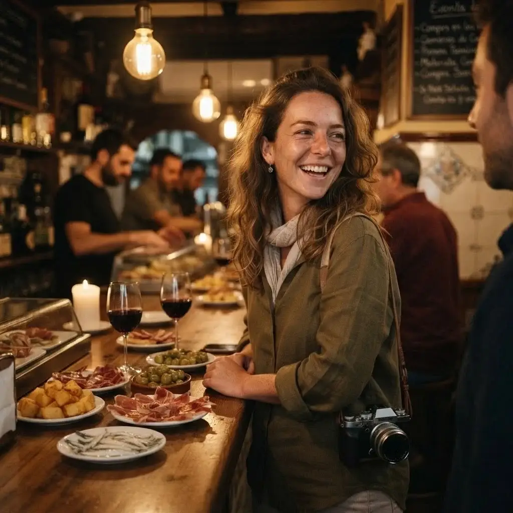 A solo female traveler smiling while standing at a lively, authentic Spanish tapas bar counter with a glass of wine, engaged in a natural conversation, capturing the spirit of cultural connection.