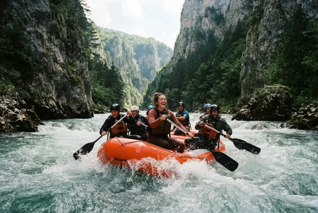 Rafters paddling through the deep Tara River Canyon in Durmitor National Park, Montenegro, beneath towering cliffs