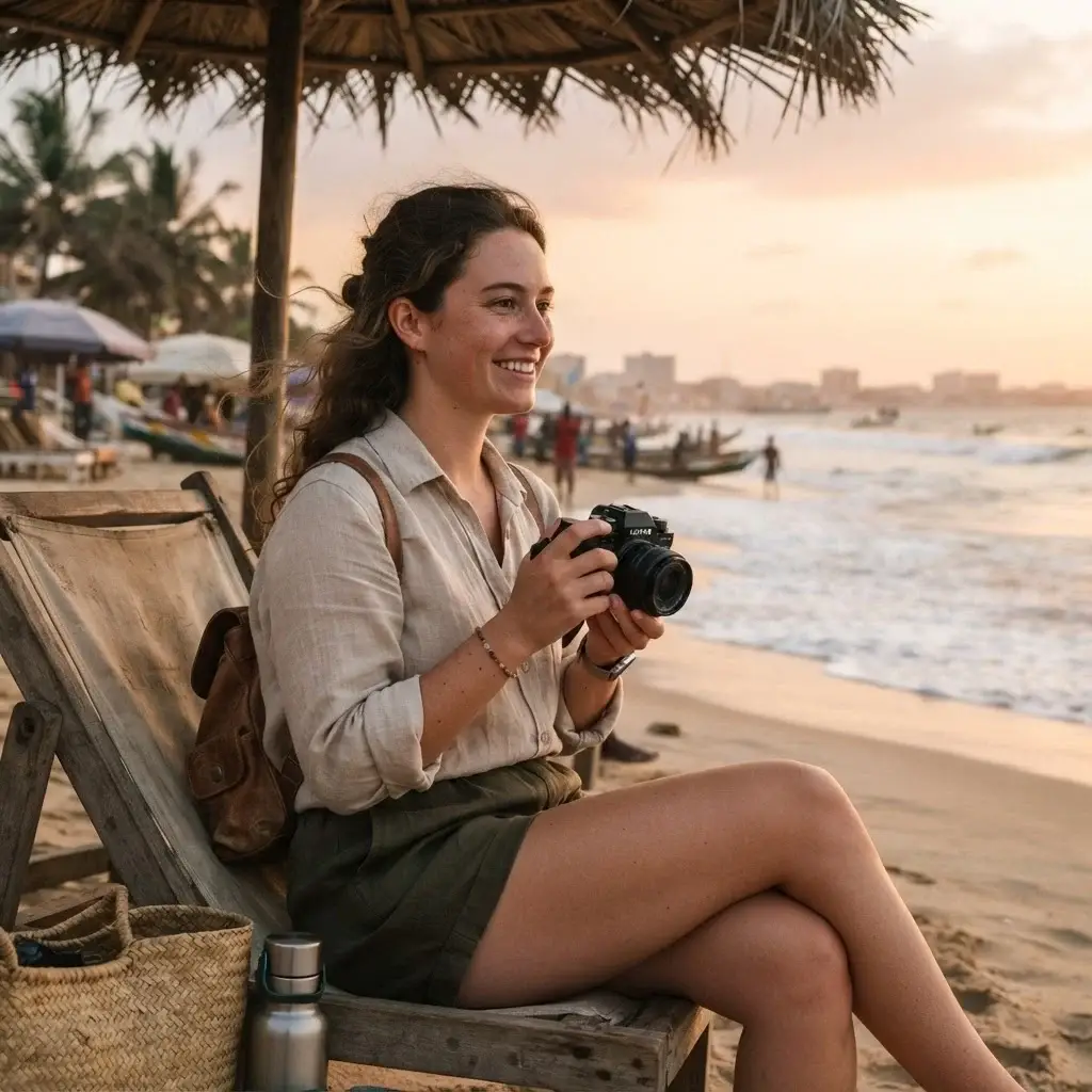 A young solo traveler relaxing on Tarkwa Bay Beach in Lagos, sitting on a wooden lounge chair with the calm Atlantic ocean in the background, authentic travel aesthetic.