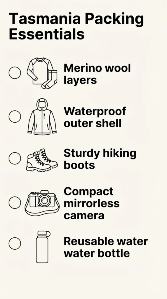 A minimalist checklist infographic titled Tasmania Packing Essentials showing icons for layers, rain gear, comfortable footwear, and a mirrorless camera.