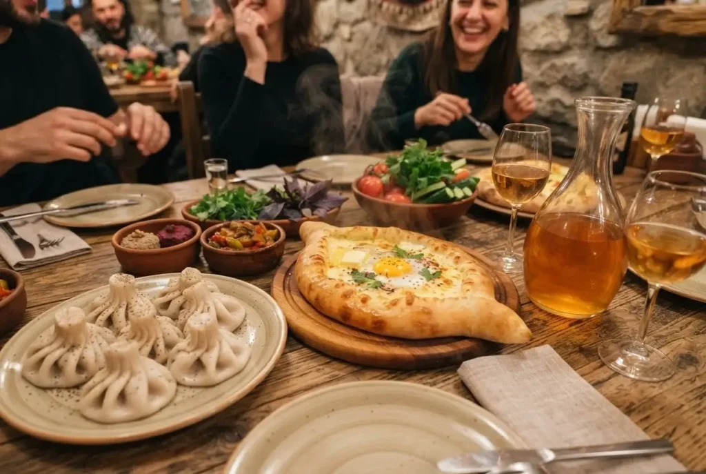 Traditional Georgian feast with boat-shaped Adjarian khachapuri cheese bread and khinkali dumplings on a rustic table in Tbilisi, Georgia