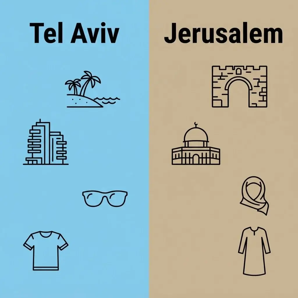 A side-by-side comparison infographic illustrating the cultural and atmospheric differences between the modern, secular vibe of Tel Aviv and the historic, religious tone of Jerusalem.
