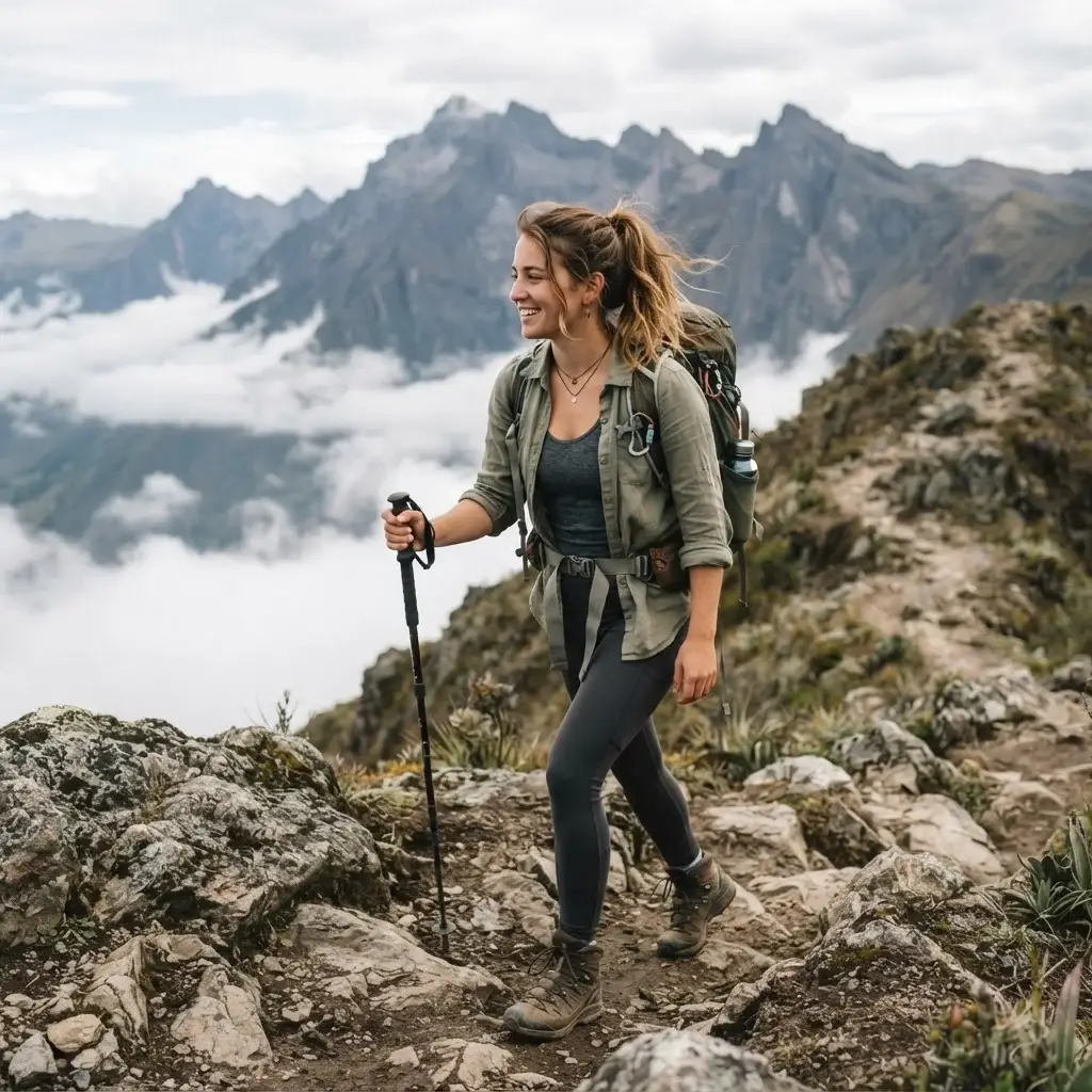 Emma Collins hiking along the mountain trails above the clouds at the TelefériQo in Quito, with the Andes mountains in the background.
