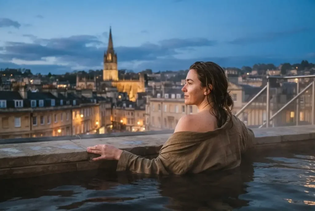 Rooftop thermal pool at dusk overlooking the honey-colored skyline and abbey of Bath, England