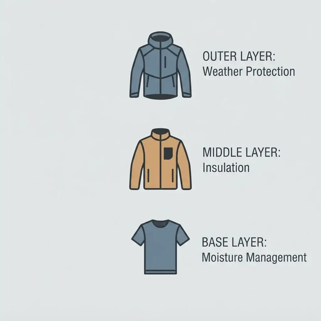 A minimalist vector infographic diagram illustrating the three-layer clothing system for travel, showing the Base Layer for moisture management, Middle Layer for insulation, and Outer Layer for weather protection.