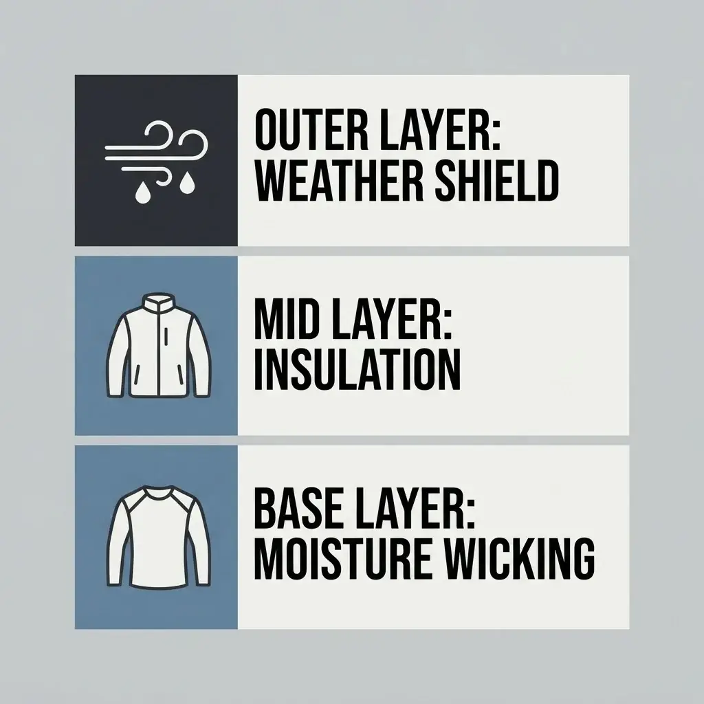 A minimalist vector infographic diagram illustrating the three-layer rule for winter travel, showing the Base Layer for moisture-wicking, the Mid Layer for insulation, and the Outer Layer for weather shielding.