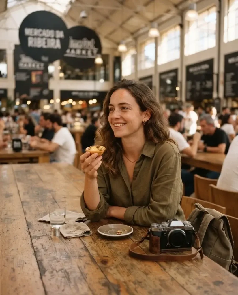 Solo female traveler eating a pastel de nata at a long shared table inside Time Out Market in the Mercado da Ribeira, Lisbon, Portugal