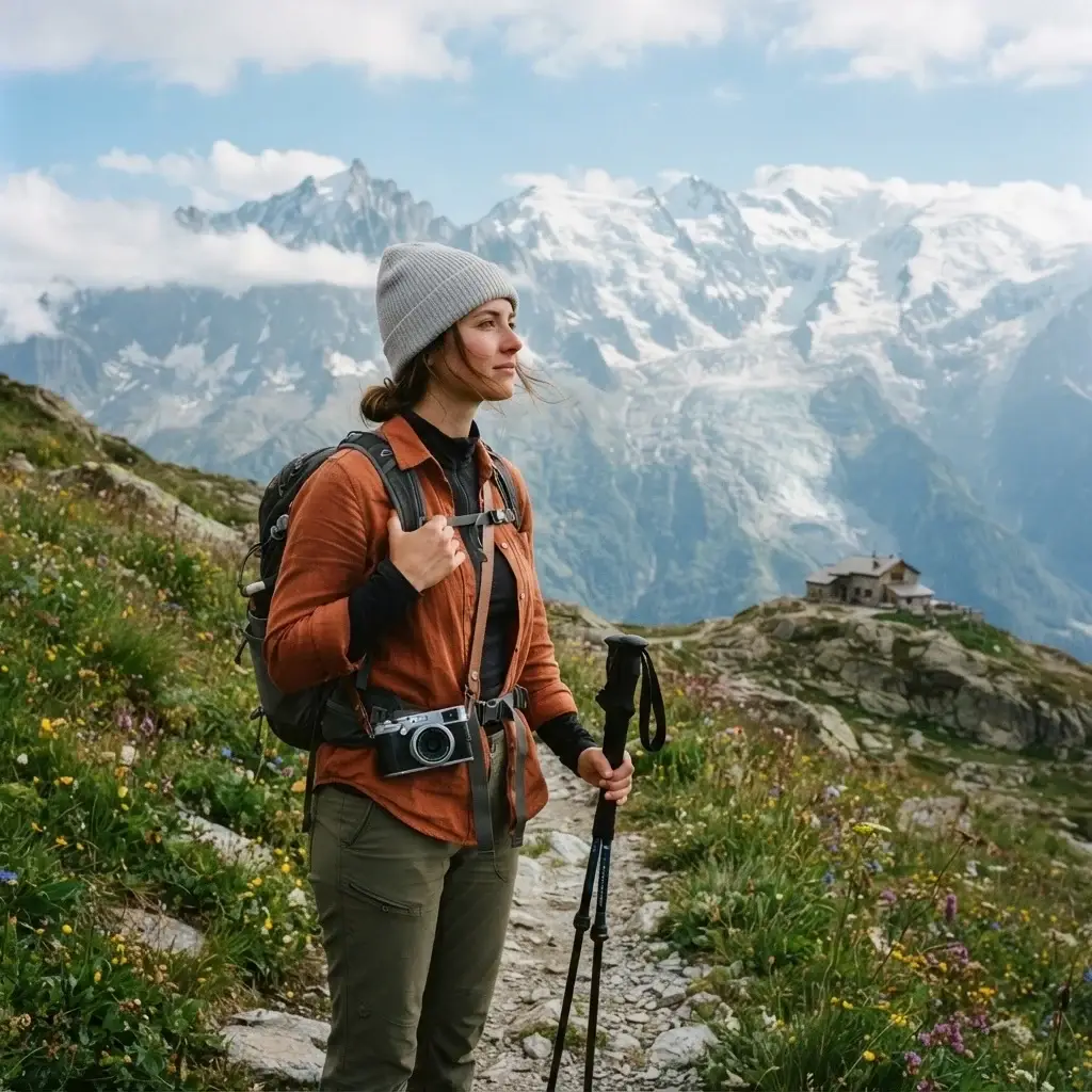 A brown-haired woman hiker pauses on the Tour du Mont Blanc alpine trail in the French Alps, gazing at snow-capped Mont Blanc peaks and a distant mountain refuge under soft morning light.