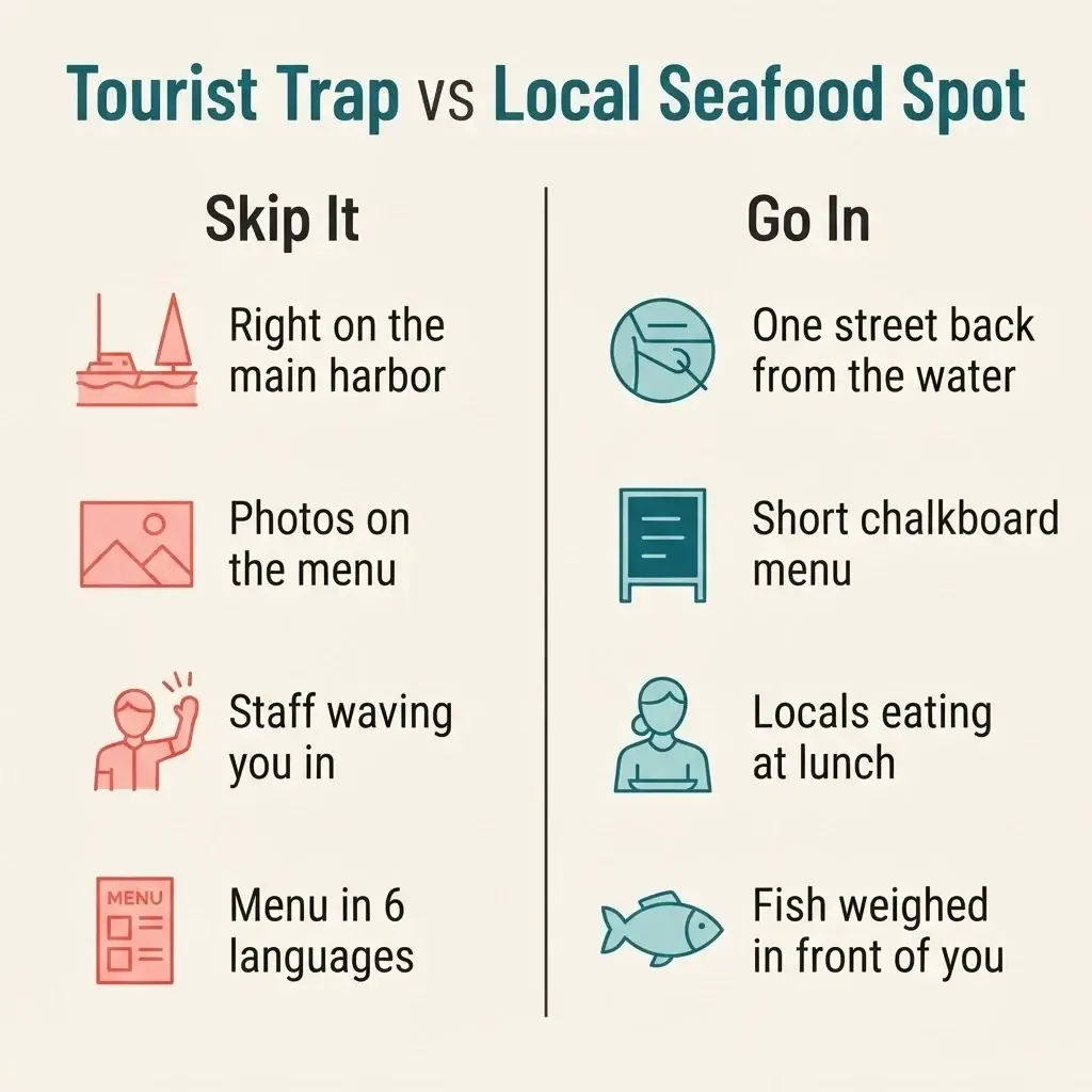 Comparison checklist infographic showing how to tell a European seafood tourist trap from a local restaurant