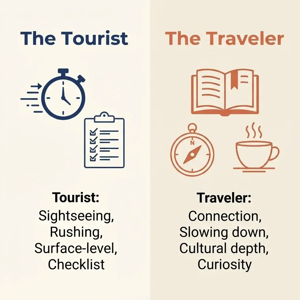 A minimalist comparison chart contrasting a 'tourist' mindset with a 'traveler' mindset, emphasizing depth over speed and checklists.