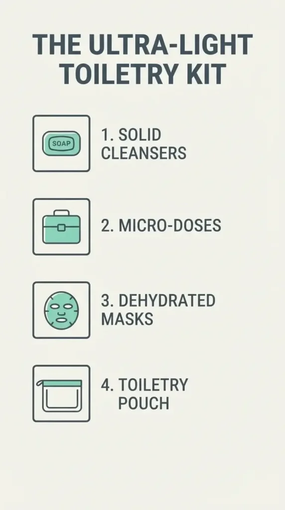 A vertical 9:16 aspect ratio checklist chart outlining the optimal physical arrangement of solids, micro-doses, and dry face masks inside a transparent travel pouch.
