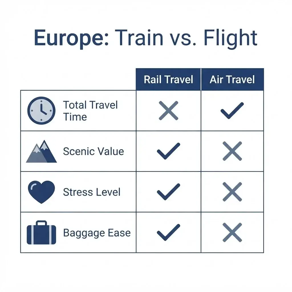 A flat comparison table evaluating Train travel versus Flight travel in Europe based on four criteria: Total Transit Time, Scenic Value, Stress Levels, and Luggage Convenience.