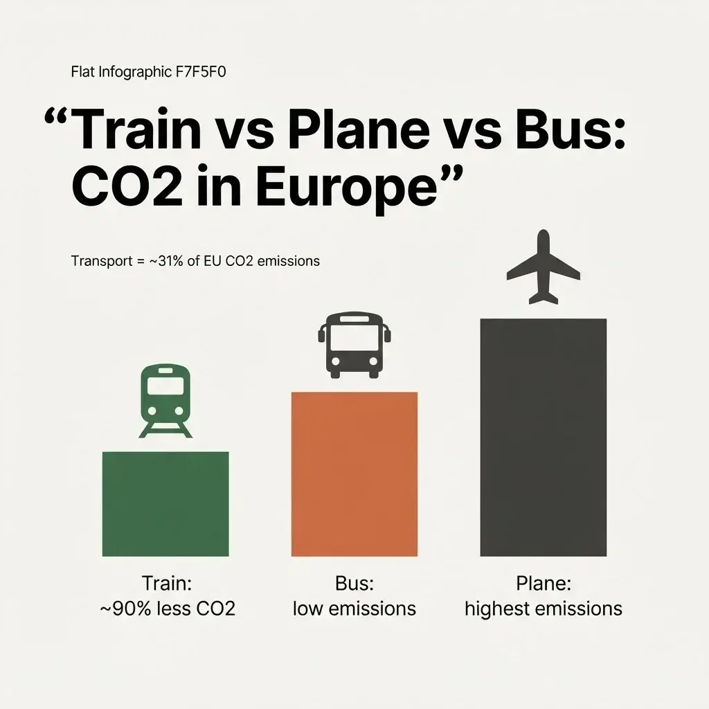 Infographic comparing carbon emissions of train, bus, and plane travel in Europe showing trains emit around 90 percent less CO2