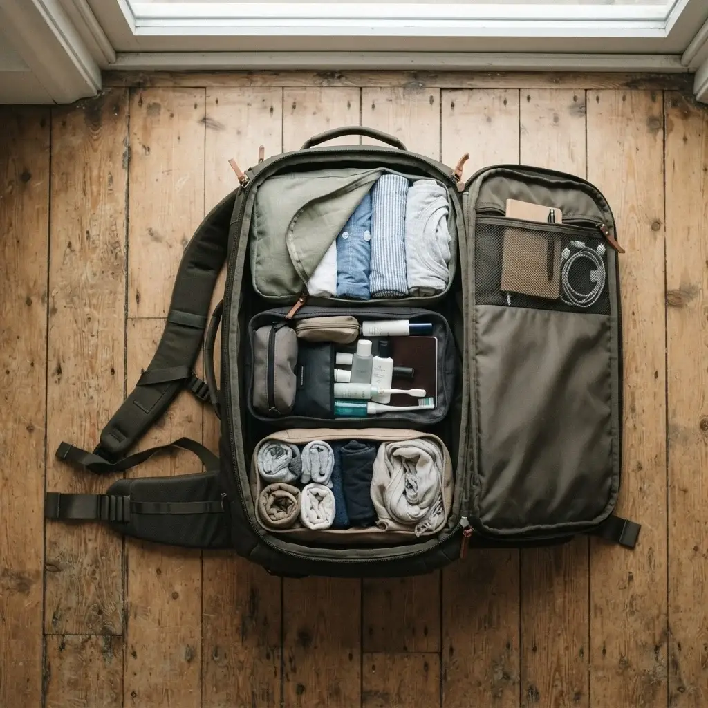 A top-down view of a front-loading 40-liter travel backpack resting open on a wooden floor, neatly organized with color-coded fabric packing cubes filled with rolled travel clothing.