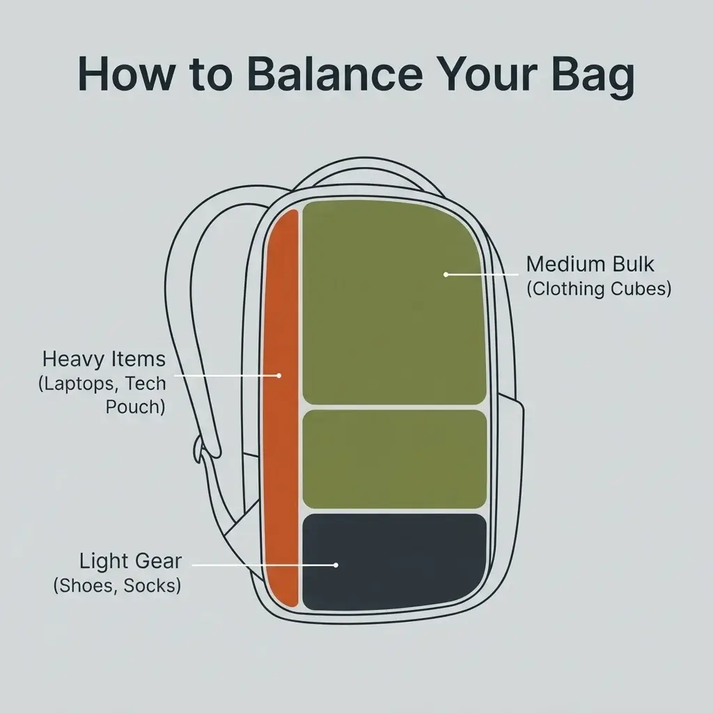 A clean diagram showing a 30-liter travel backpack cross-section with instructions on where to place heavy, medium, and light gear for optimal comfort.