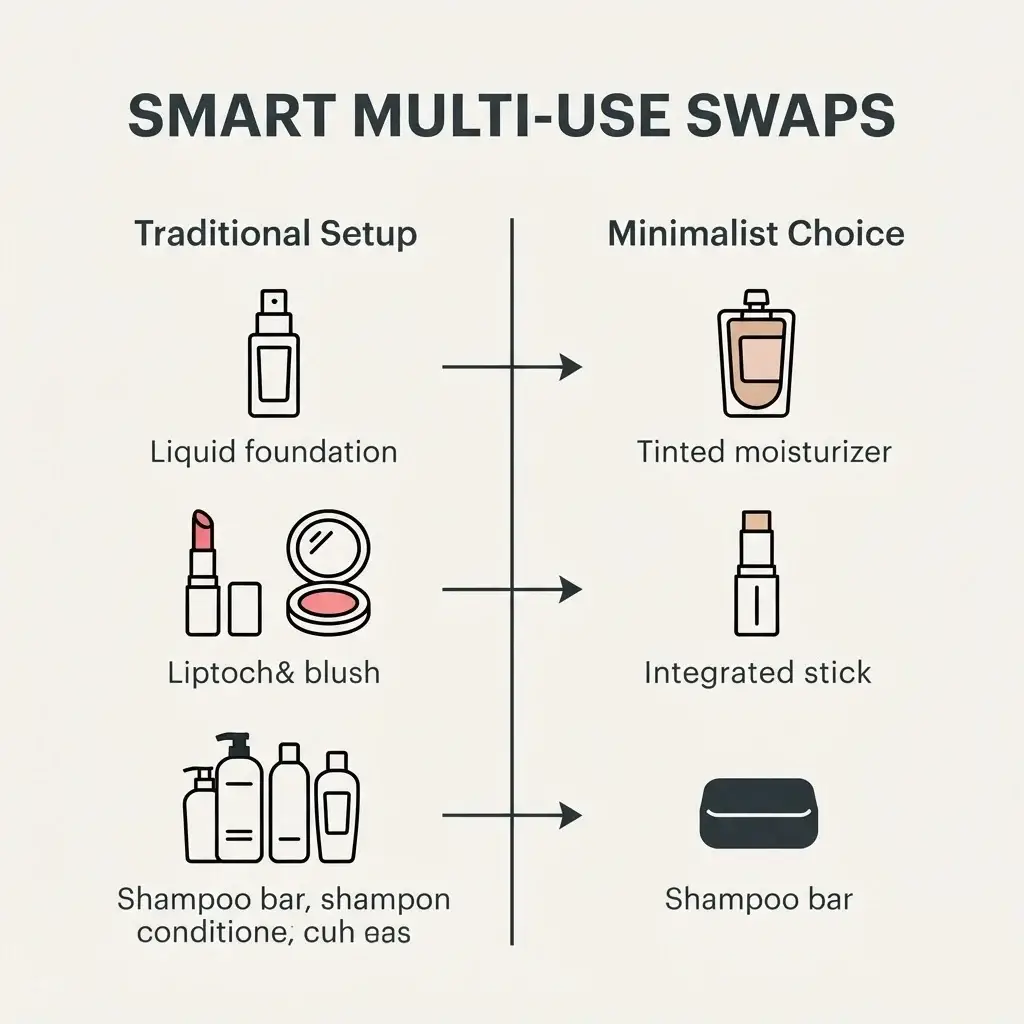 A minimalist 1:1 comparison infographic chart illustrating four traditional, heavy single-purpose beauty products on the left being replaced by single, multi-use travel products on the right.