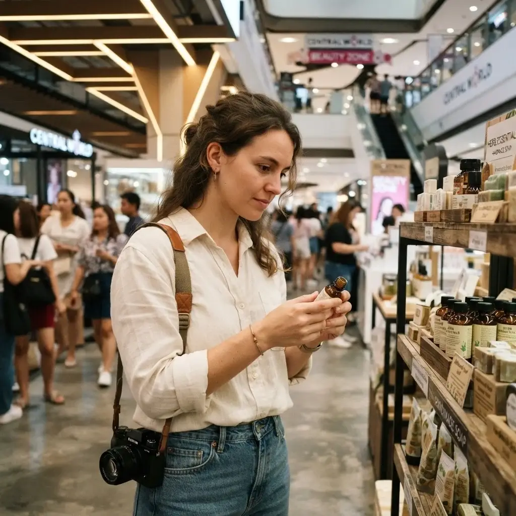 Emma Collins, wearing a breathable cream linen blouse with her mirrorless camera strapped cross-body, looking at a tech display shelf inside a brightly lit modern commercial shopping center in Southeast Asia.