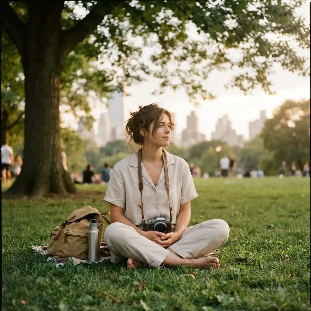 A 20-something woman with natural brown hair sitting under a shady tree in a peaceful urban park, looking out at a city skyline across a pond with a mirrorless camera resting on her lap.