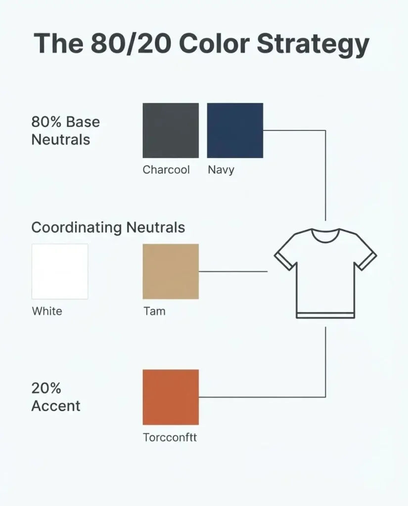 A clean flat design graphic illustrating the 80/20 travel capsule wardrobe rule with color swatches for neutral base layers, secondary mixing tones, and a single accent shade.
