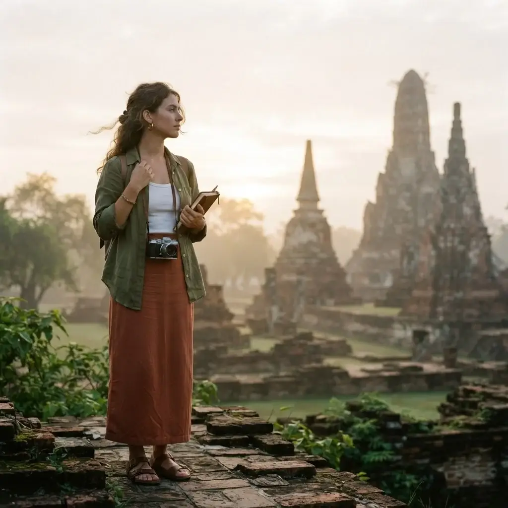 A female traveler with brown hair in a loose olive linen shirt and a terracotta sarong exploring the ancient stone temple spires of Ayutthaya, Thailand during sunrise.