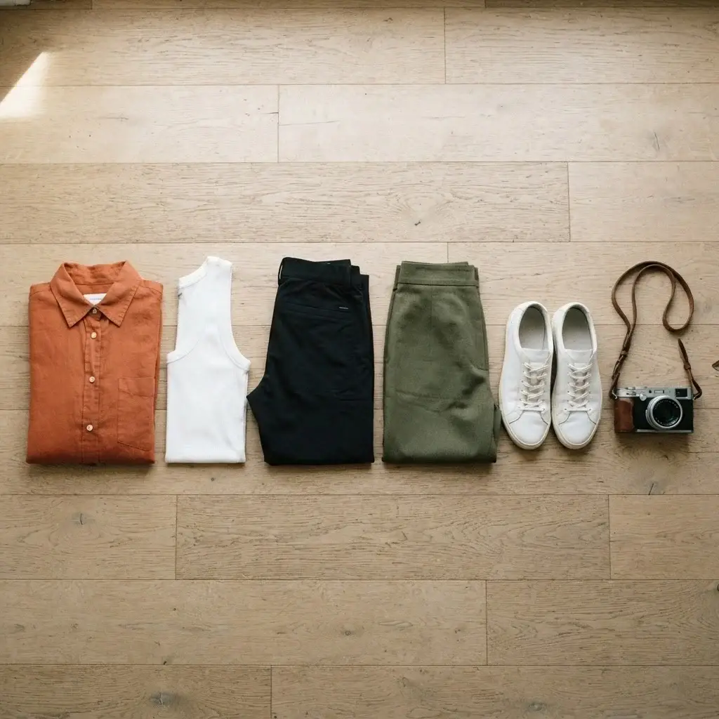 A flat lay photograph of a minimalist travel capsule wardrobe laid out on a rustic wooden floor, featuring a terracotta linen shirt, black travel trousers, olive green midi-skirt, and white leather sneakers.