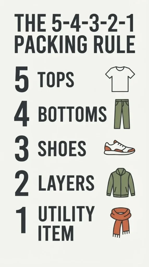 A clean vertical checklist infographic displaying the 5-4-3-2-1 travel capsule packing formula with minimalist flat icons representing clothing quantities for a one-week trip.