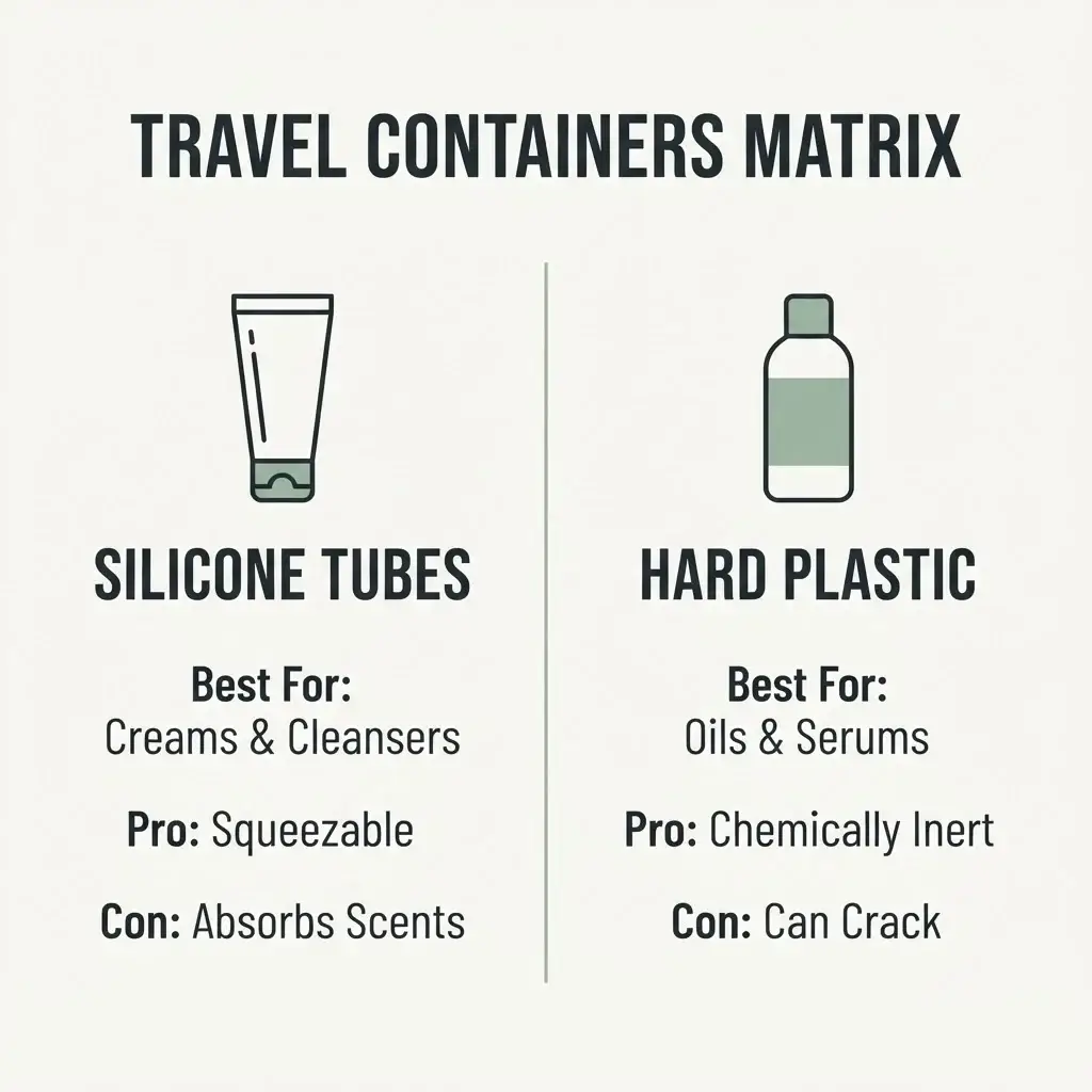 A minimalist vector comparison matrix layout evaluating silicone tubes versus hard plastic travel bottles based on material properties, ideal contents, and durability.