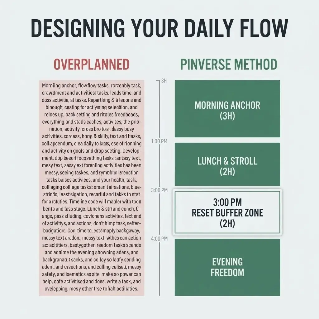 A high-contrast flat vector timeline chart contrasting a rigid tourist schedule with a slow travel day that incorporates a mandatory 3 PM buffer zone.