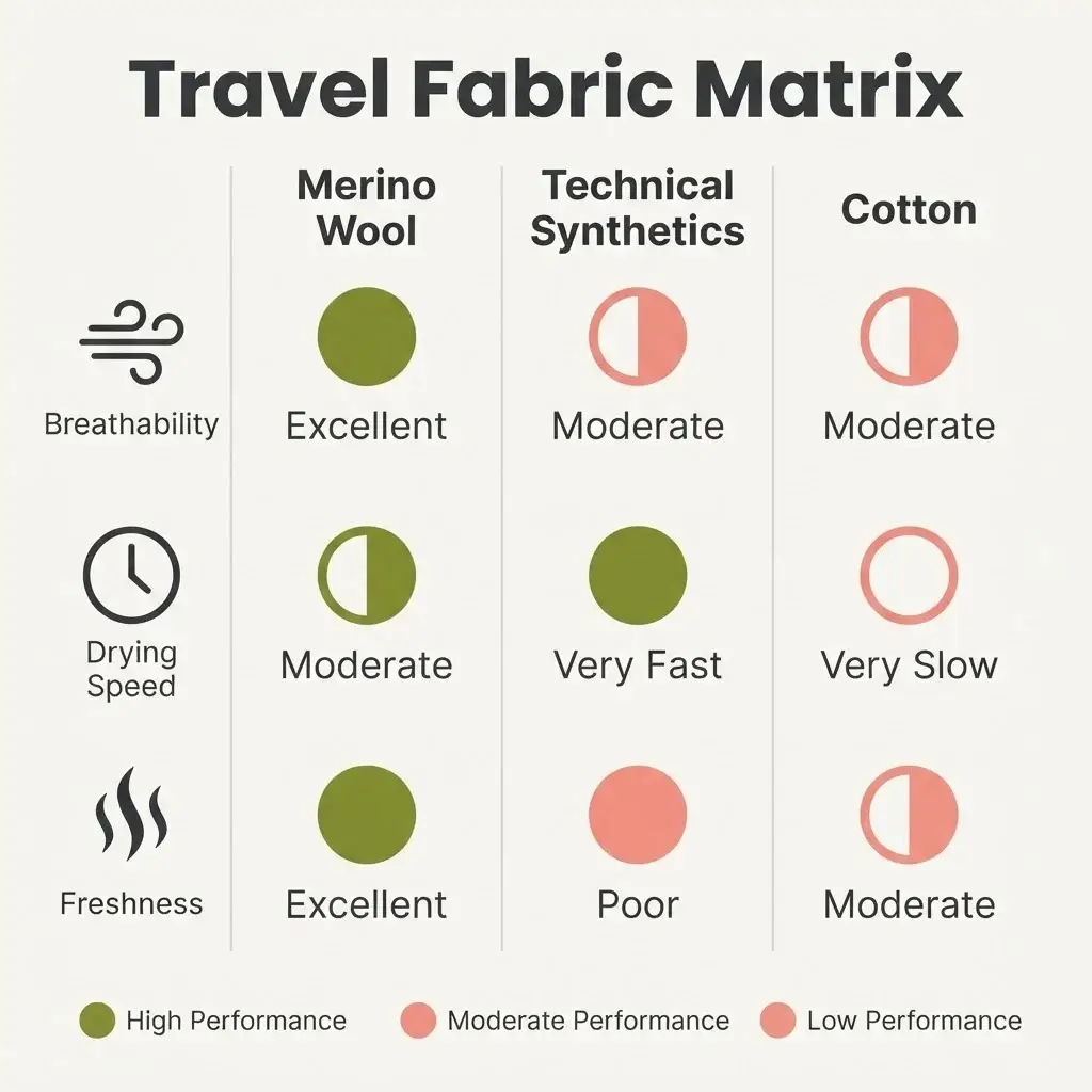 A minimalist vector comparison chart contrasting merino wool, technical synthetics, and tencel against cotton and denim based on odor resistance, drying time, and weight.