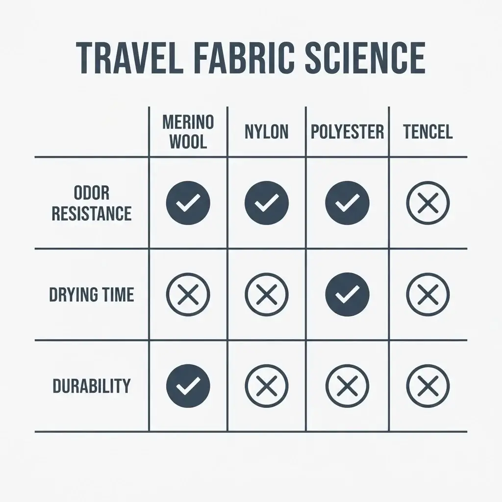A minimalist vector infographic comparison chart comparing Merino Wool, Nylon, Polyester, and Tencel based on odor resistance, drying time, durability, and wrinkle resistance.