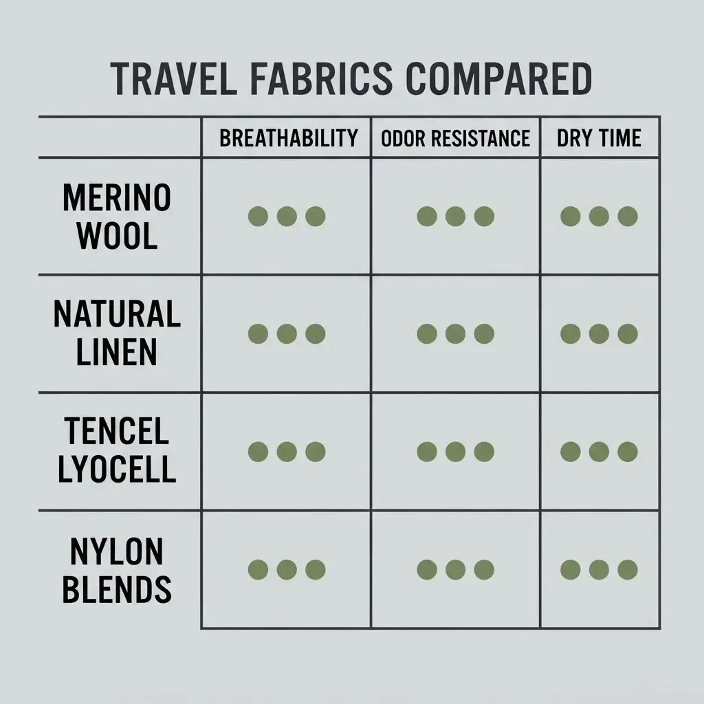 A minimalist flat vector comparison matrix matrix contrasting Merino Wool, Linen, Tencel, and Nylon travel fabrics across breathability, odor resistance, and dry times.