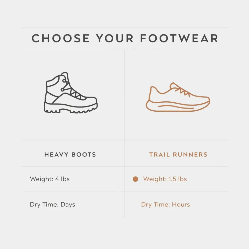 A minimalist vector comparison matrix layout matching heavy leather boots against modern trail running shoes across weight, break-in time, drying speed, and travel versatility.