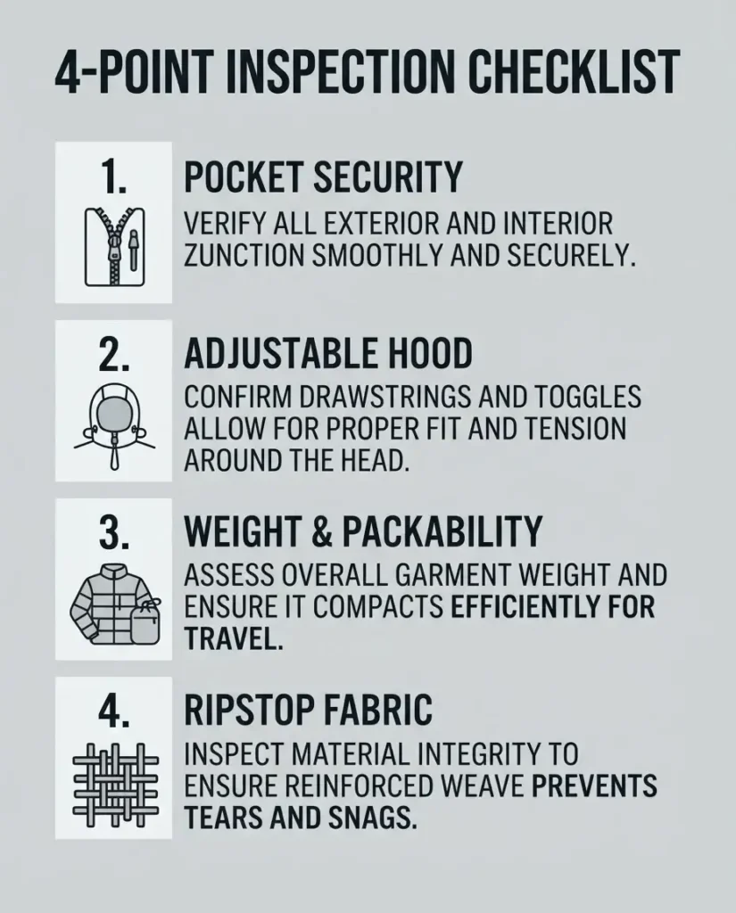 A vertical 4:5 aspect ratio step-by-step checklist infographic detailing the four key features to inspect on a travel jacket: secure pocket placement, adjustable hood, packability weight, and ripstop fabric durability.