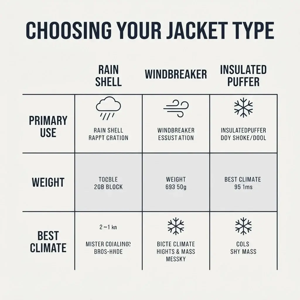 A clean 1:1 comparison matrix infographic illustrating three types of travel jackets: Rain Shells, Windbreakers, and Insulated Puffers across their primary use, weight, and climate match.