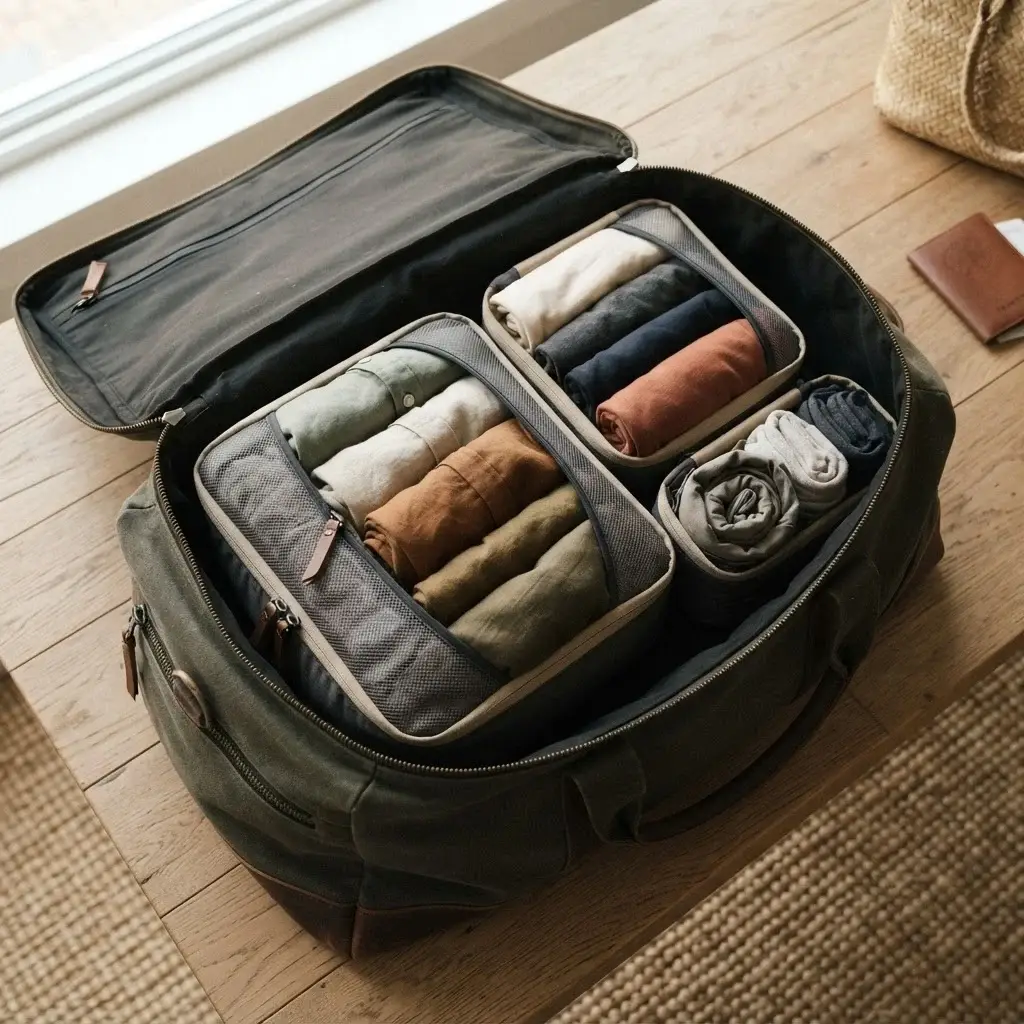 A top-down candid view of neat packing cubes filled with perfectly rolled t-shirts and neutral linen travel gear.