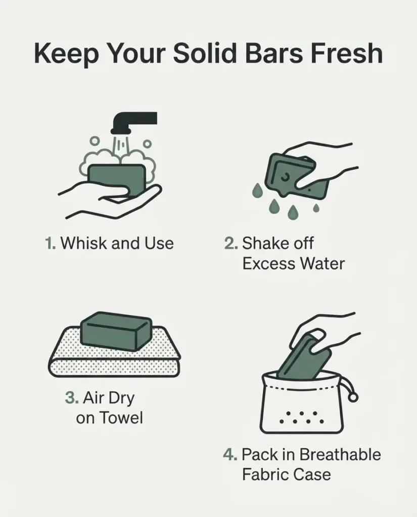 A minimalist 4:5 vertical infographic diagram illustrating the step-by-step cycle of keeping solid shampoo bars dry on the road.