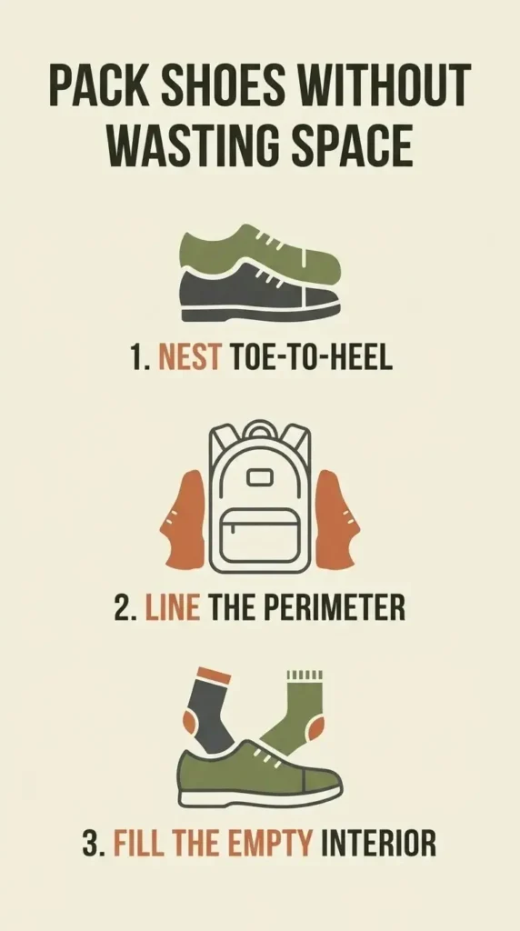 A vertical step-by-step infographic showing three clear steps for packing travel shoes: nesting them toe-to-heel, lining luggage perimeters, and filling interiors with small items like socks.