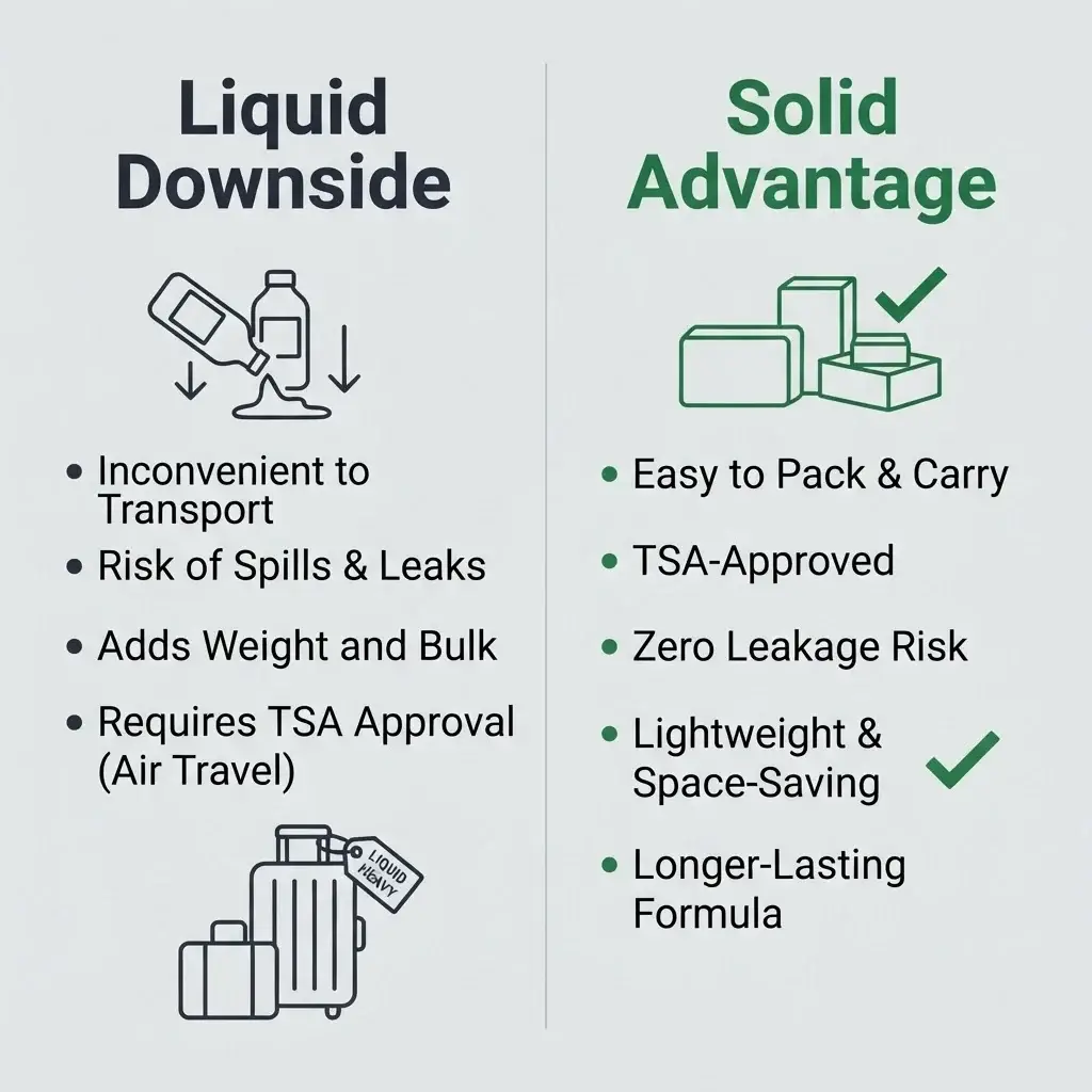 A minimalist 1:1 comparison chart contrasting traditional liquid travel toiletries with their solid alternative counterparts across hair care, hydration, fragrance, and oral hygiene.