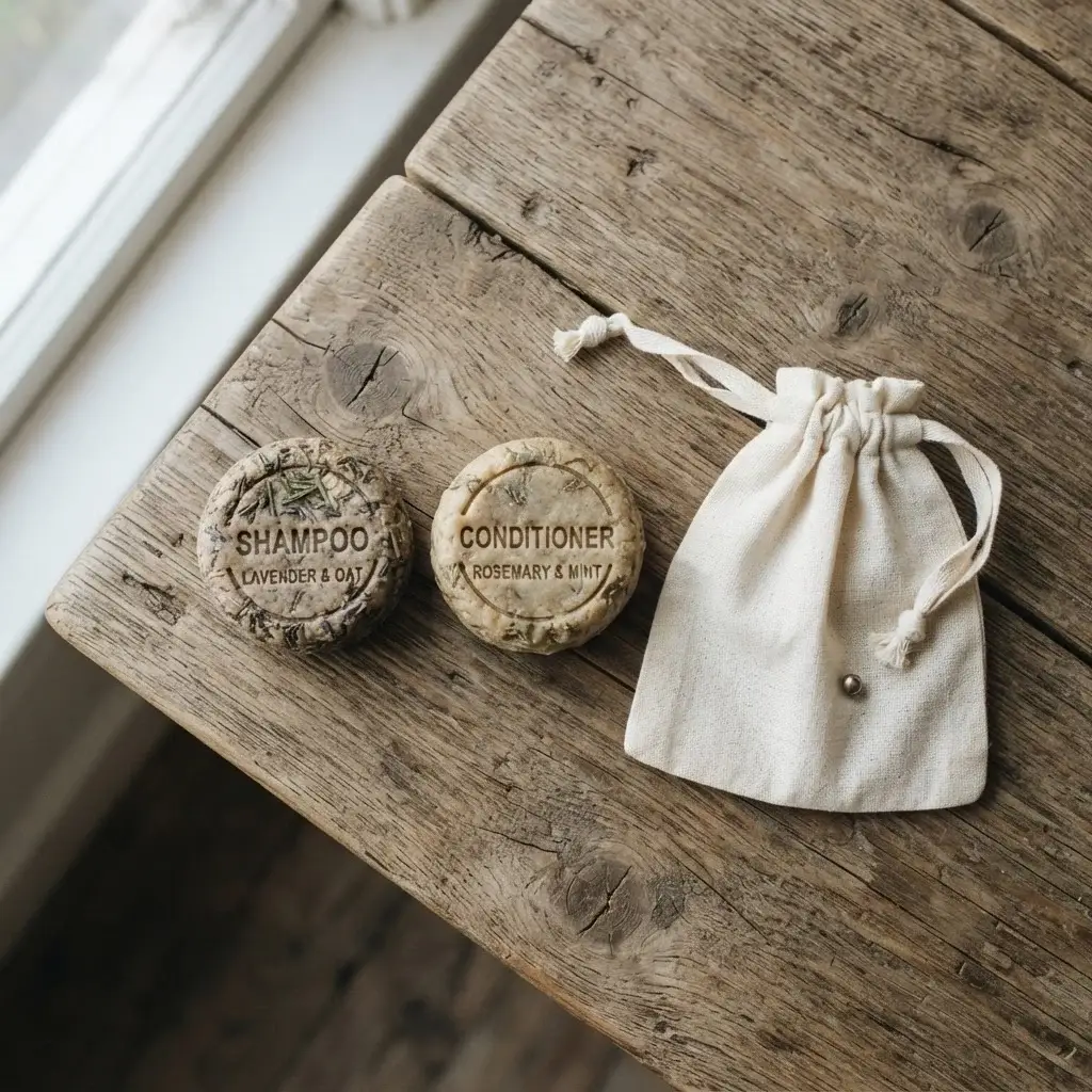 An overhead close-up shot of eco-friendly travel-size solid shampoo and conditioner bars resting next to an open linen toiletry pouch on a rustic wooden table.