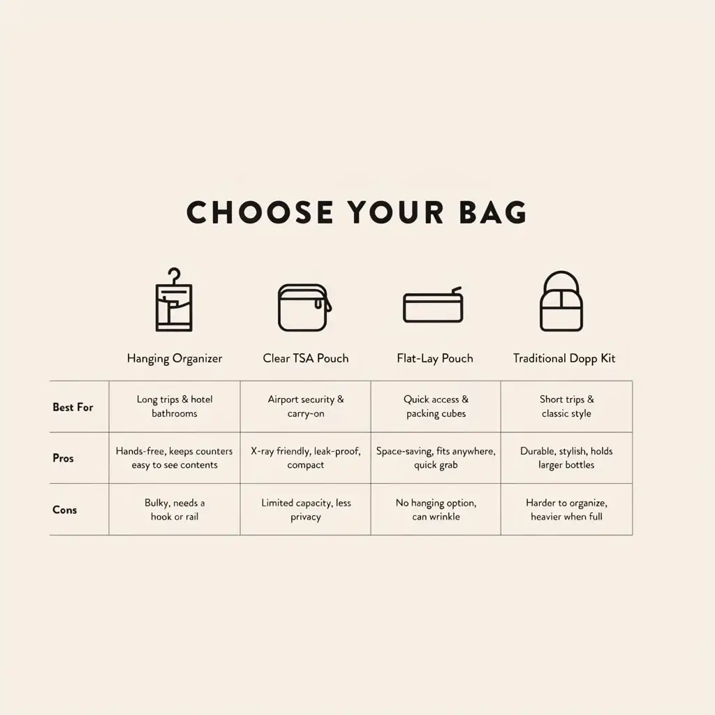 A flat vector infographic comparison chart evaluating the Hanging Organizer, Clear TSA Pouch, Flat-Lay Pouch, and Traditional Dopp Kit across size, organization, and wet-room utility.