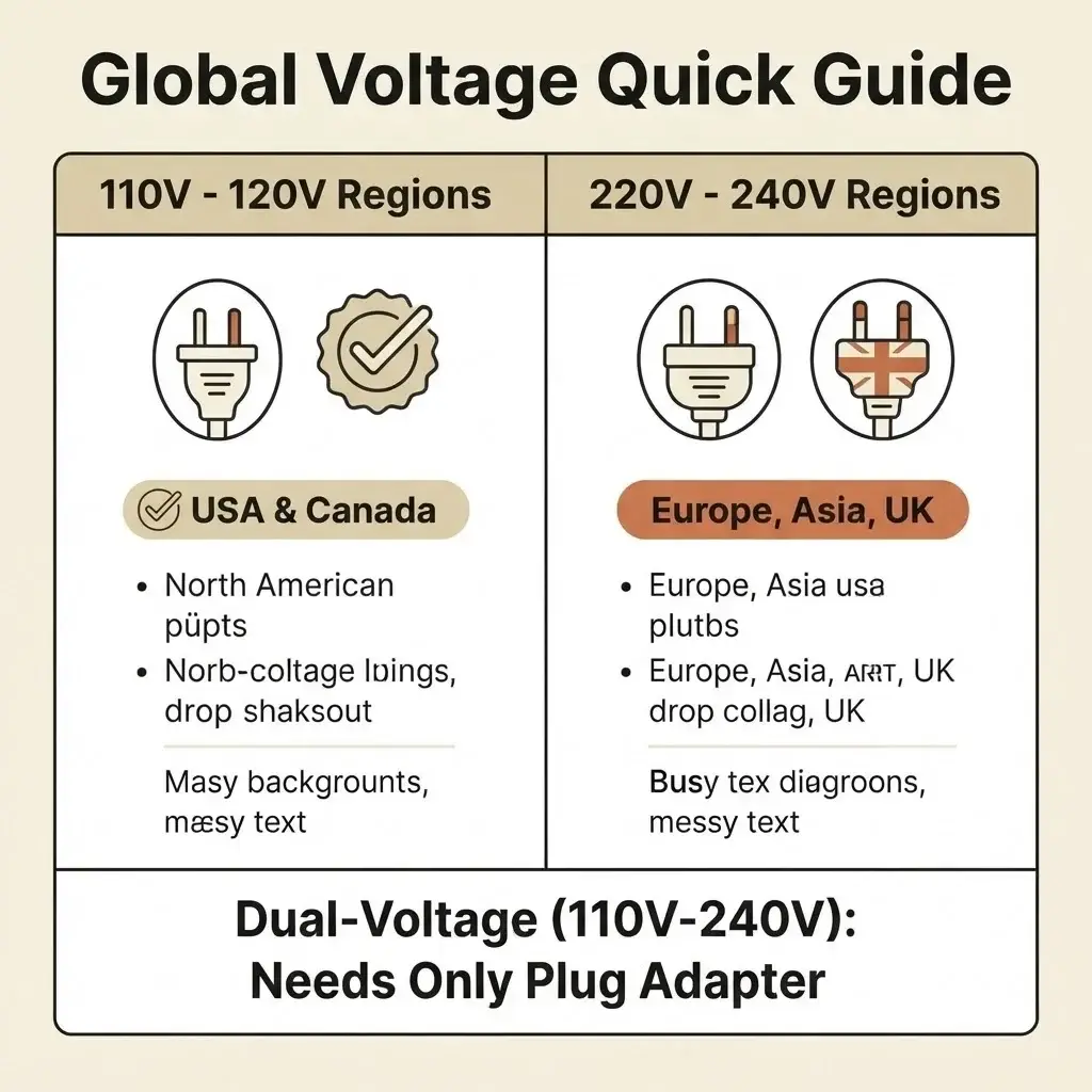 A minimalist global voltage reference guide comparing 110-120V regions like North America with 220-240V regions like Europe and Asia, clarifying that dual-voltage tools only need a plug adapter while single-voltage tools require a power converter.