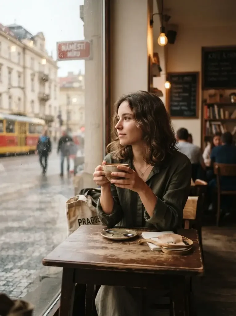 A solo traveler sitting by a window in a cozy Vinohrady cafe in Prague, holding a ceramic coffee cup and observing the street life outside.