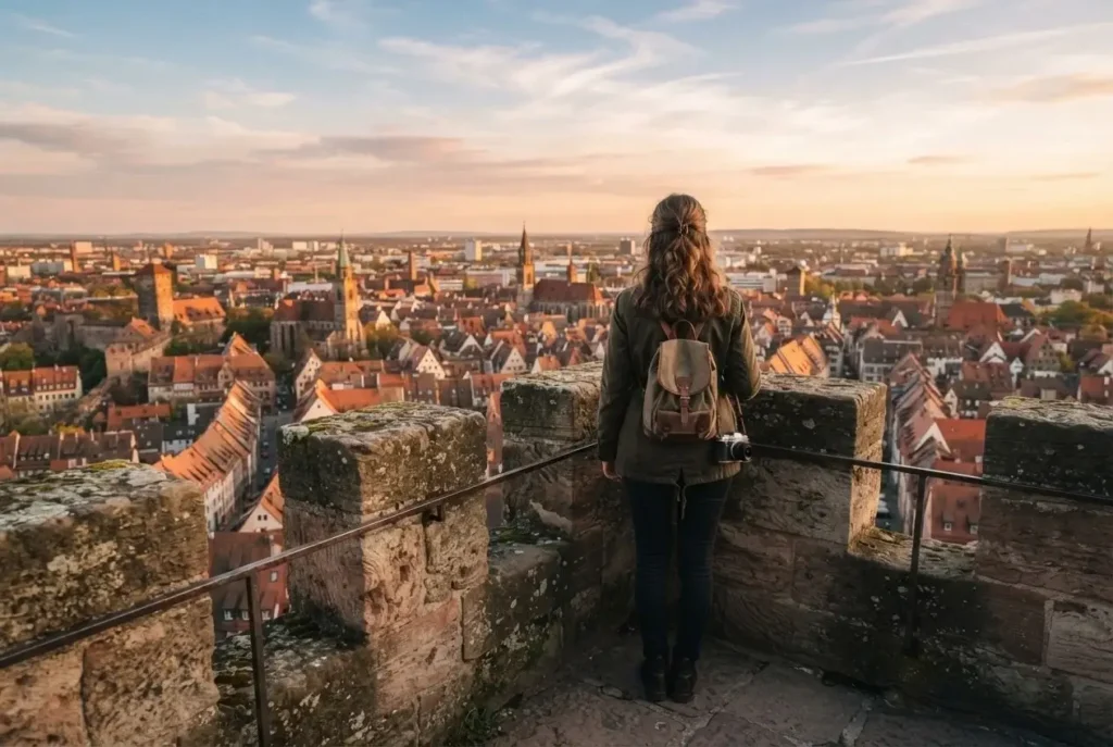 A young traveler standing on the ramparts of the Imperial Castle in Nuremberg, overlooking the red-tiled roofs of the old town.