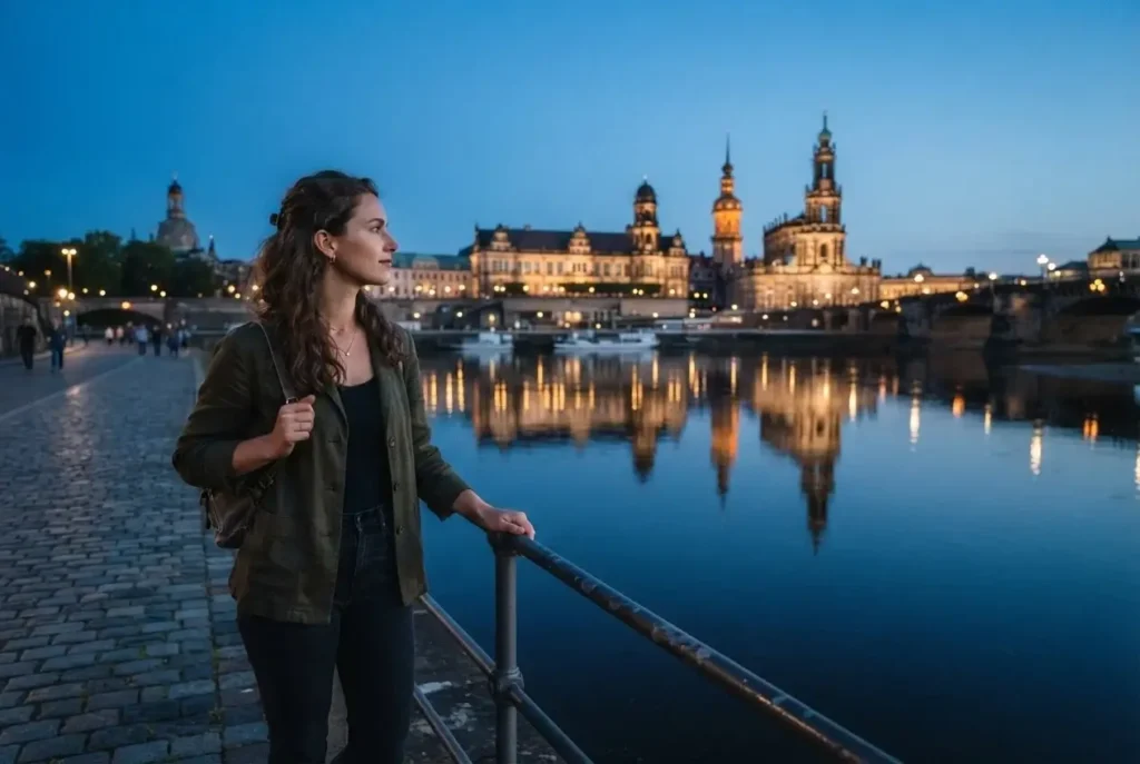 A solo traveler standing by the Elbe River in Dresden, looking toward the illuminated royal buildings during the blue hour.