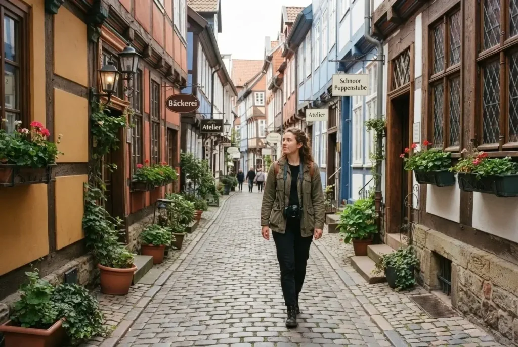 A young traveler walking through the narrow, historic cobblestone alleys of the Schnoor district in Bremen, Germany.