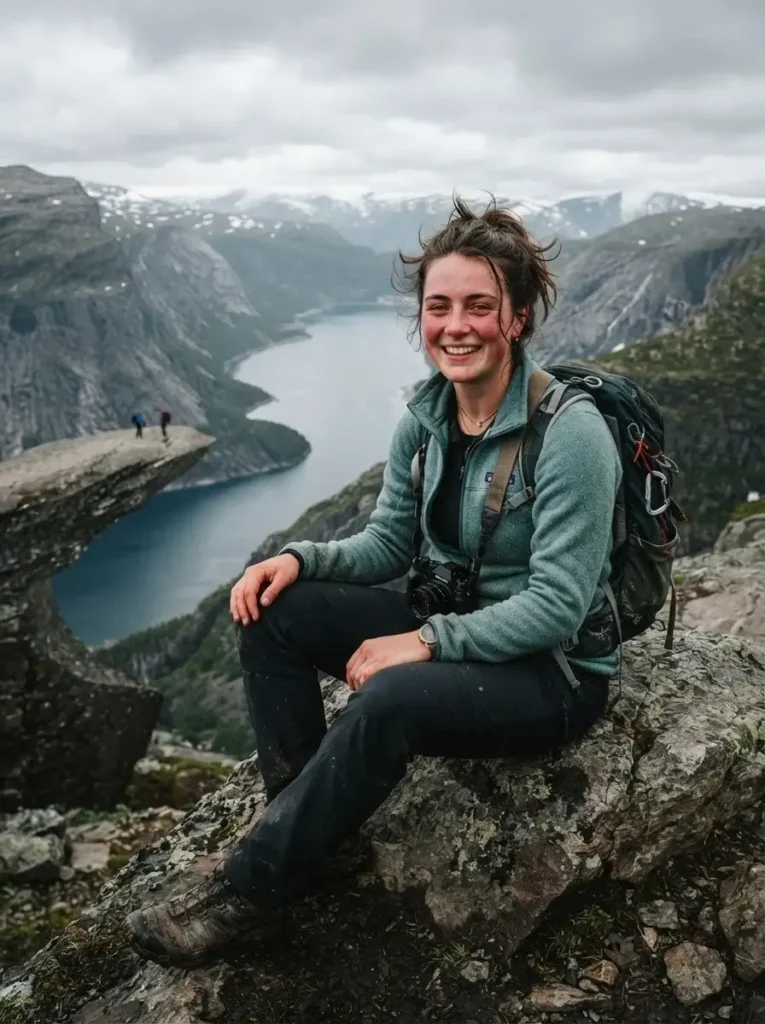 A realistic shot of a solo hiker sitting on a rugged mountain rock near Trolltunga, looking tired but content, holding a mirrorless camera.
