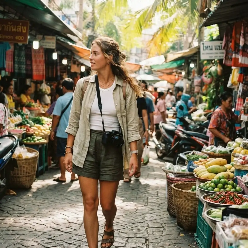 A female traveler in a lightweight olive green linen shirt and breathable clothes walking through a warm, humid tropical market street.