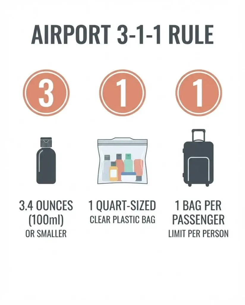A flat layout visual infographic explaining the TSA 3-1-1 rule with a 3.4-ounce bottle icon, a single quart-sized bag icon, and a single traveler silhouette icon using high contrast text.